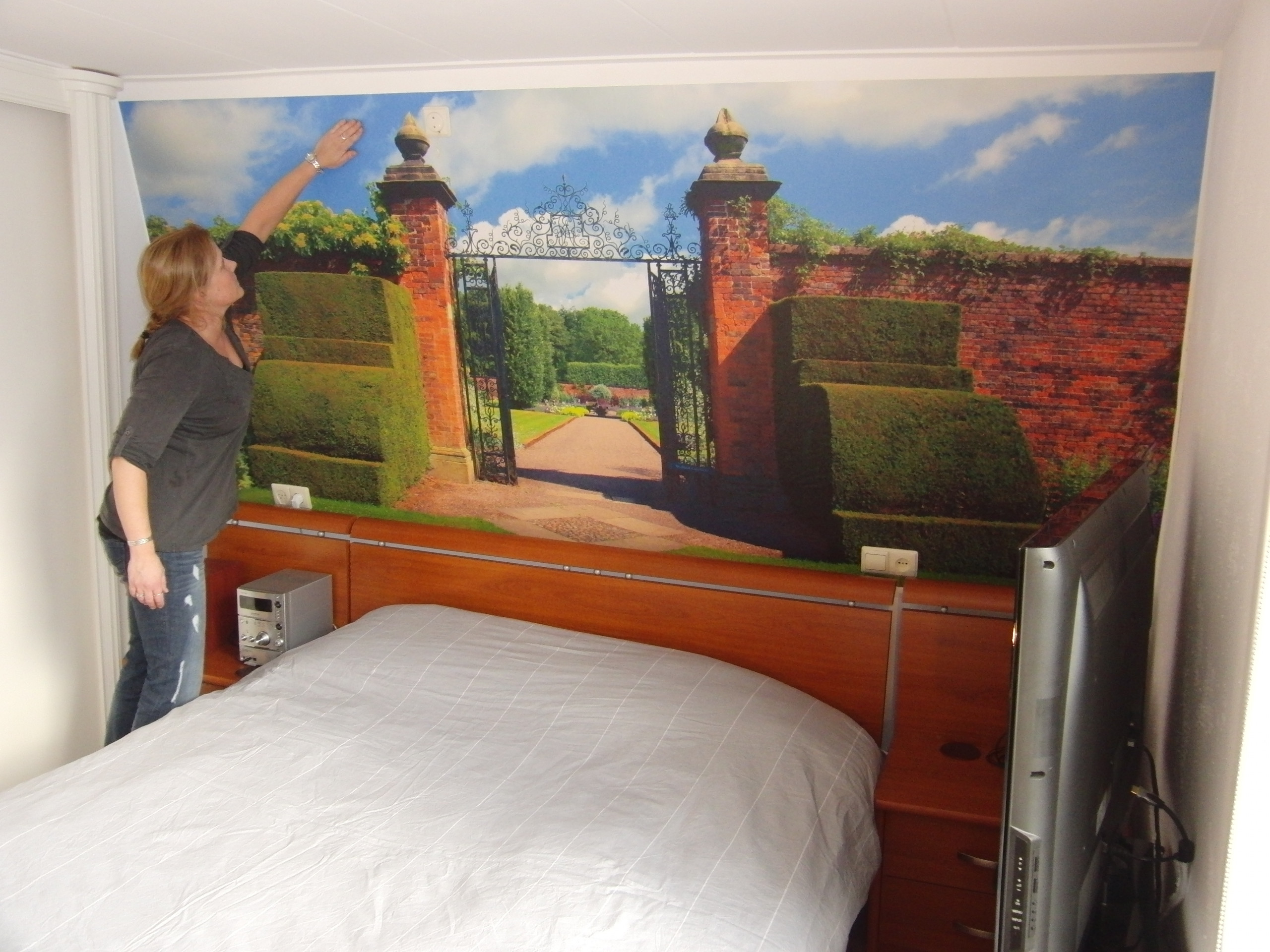 Muursticker, op maat, plaktextiel, slaapkamer, poort, muur, tuin