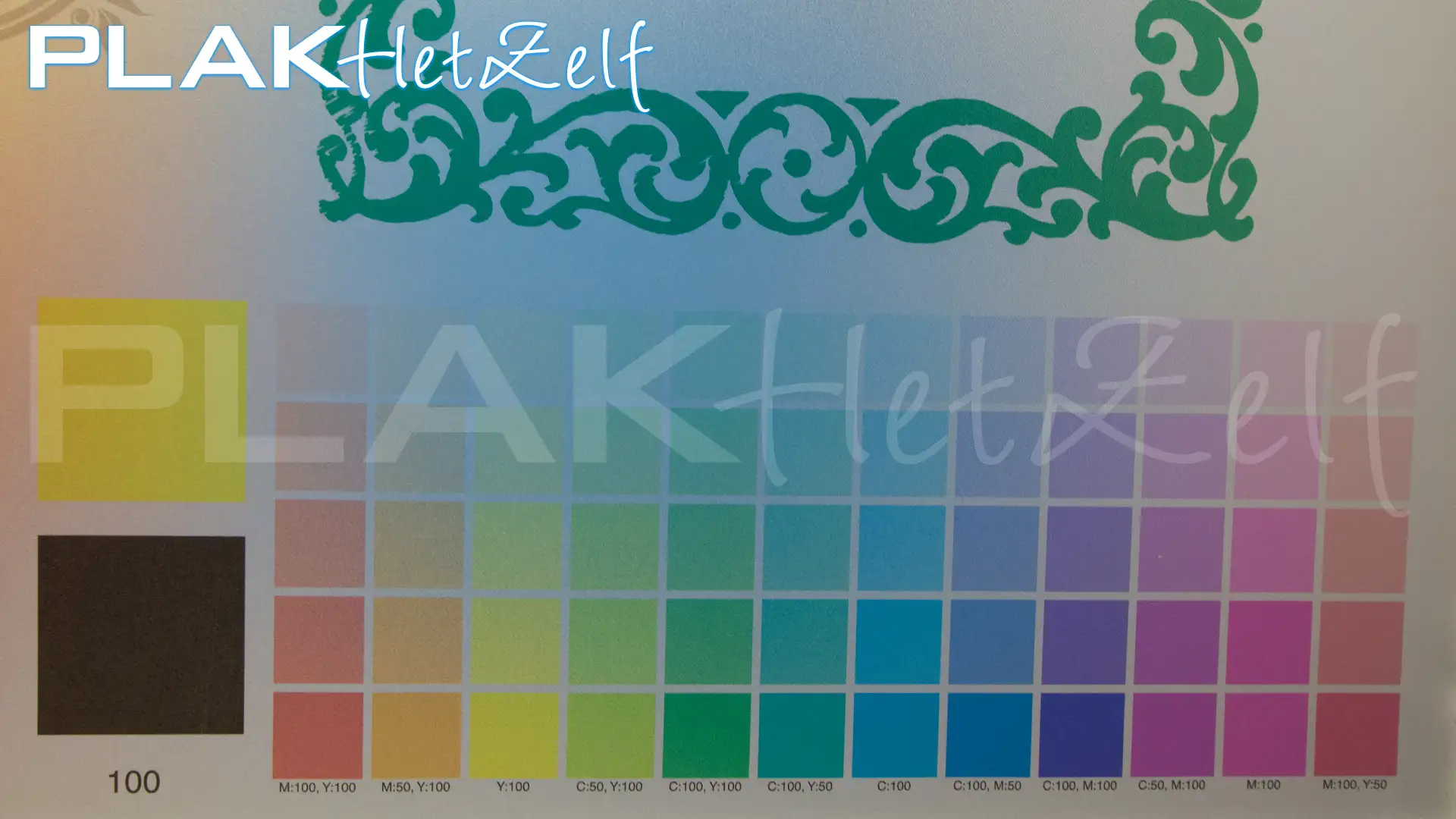 Statisch hechtende glasfolie (R10), bedrukte statische raamfolie, eigen ontwerp op maat, kleurenkaart, voorkant