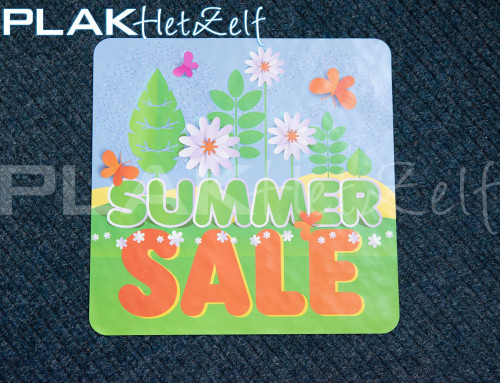 Vloer sticker, sale event, huisstijl, rechthoekig, ronde hoeken, sticker op mat, PLAKhetZelf