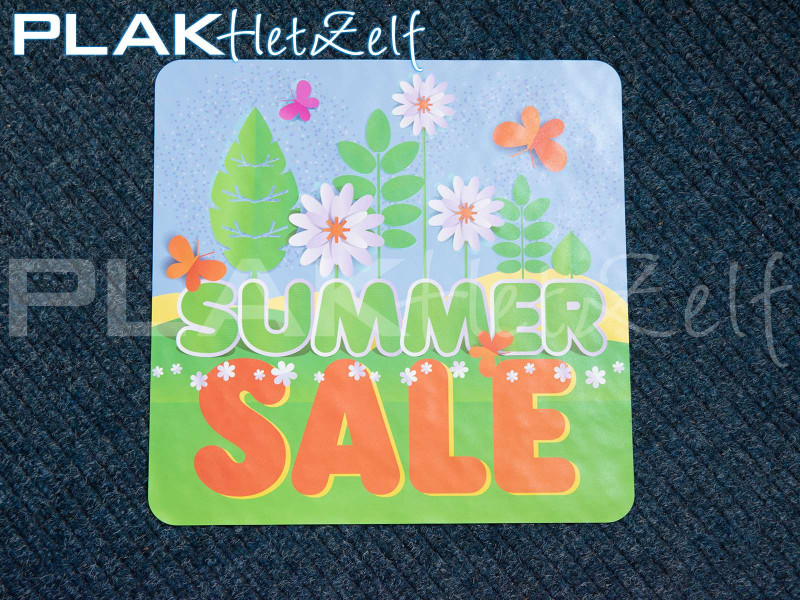 vloer sticker, sale event, huisstijl, rechthoekig, ronde hoeken, sticker op mat, PLAKhetZelf