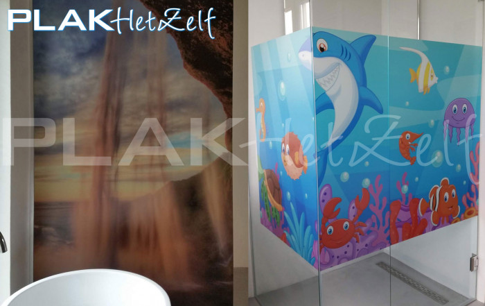 bedrukte glasfolie, eigen foto of ontwerp, voor de douche, badkamer, privacy, PLAKhetZelf, R01