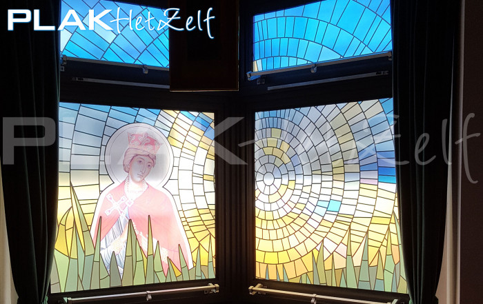 bedrukte glasfolie, glas in lood, privacy, religieus, PLAKhetZelf, R02