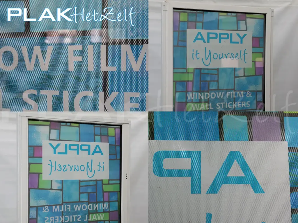 Close-up, geperforeerde glasfolie, met eigen ontwerp, two-way vision raamfolie